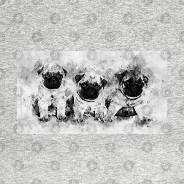Pug Puppies. Dog Watercolor Portrait black and white 01 by SPJE Illustration Photography